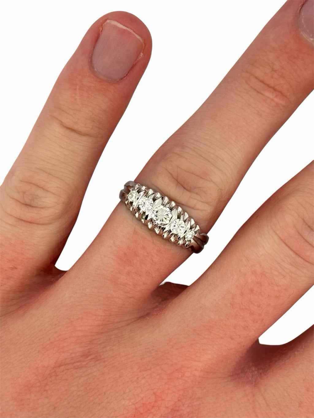 Antique Art Deco 18K White Gold Natural Diamond 5 Stone Ring 0.42ctw Size 9