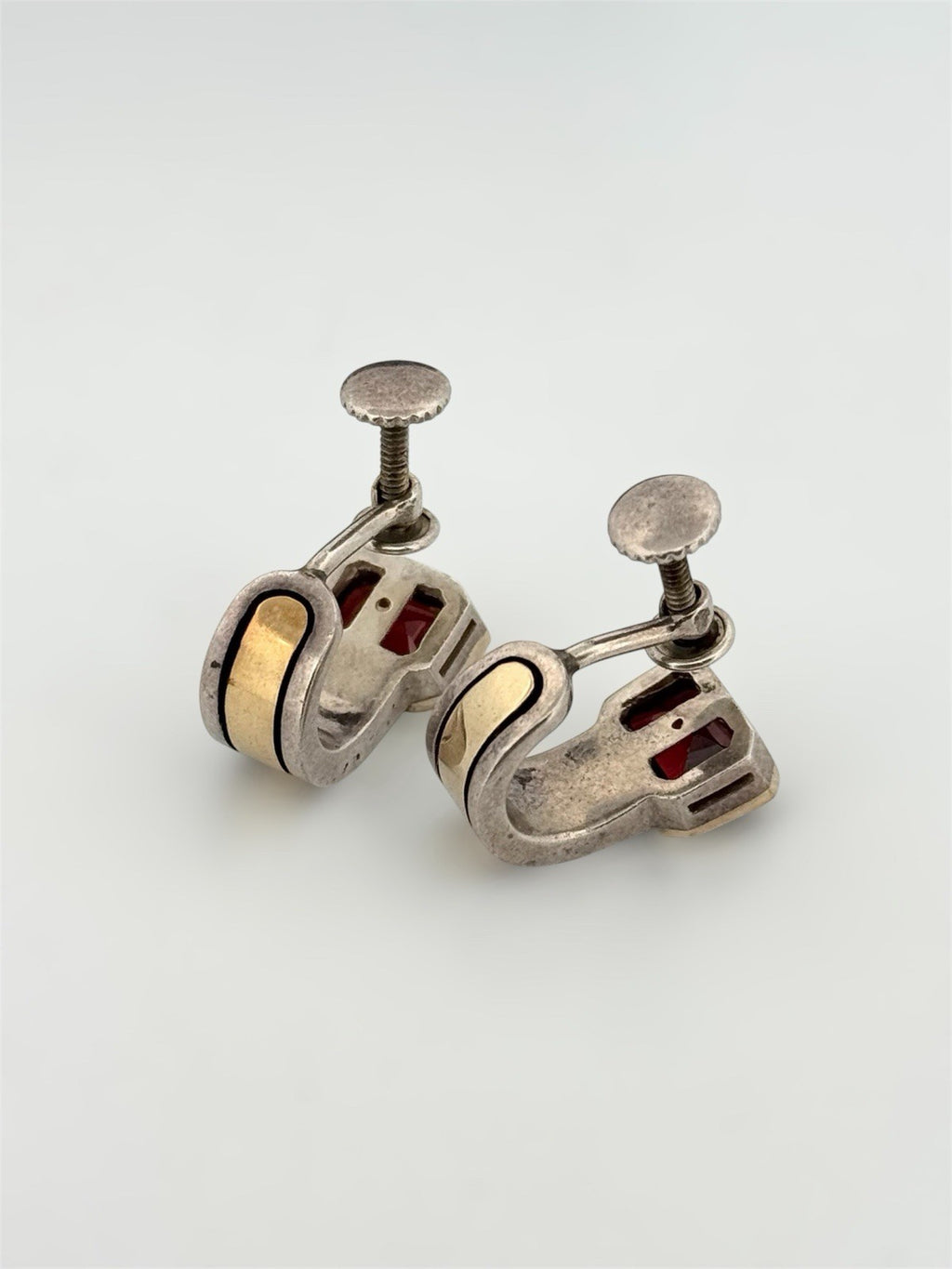 Vintage Cartier 18K Gold & 925 Sterling Silver Garnet Screw Back Earrings