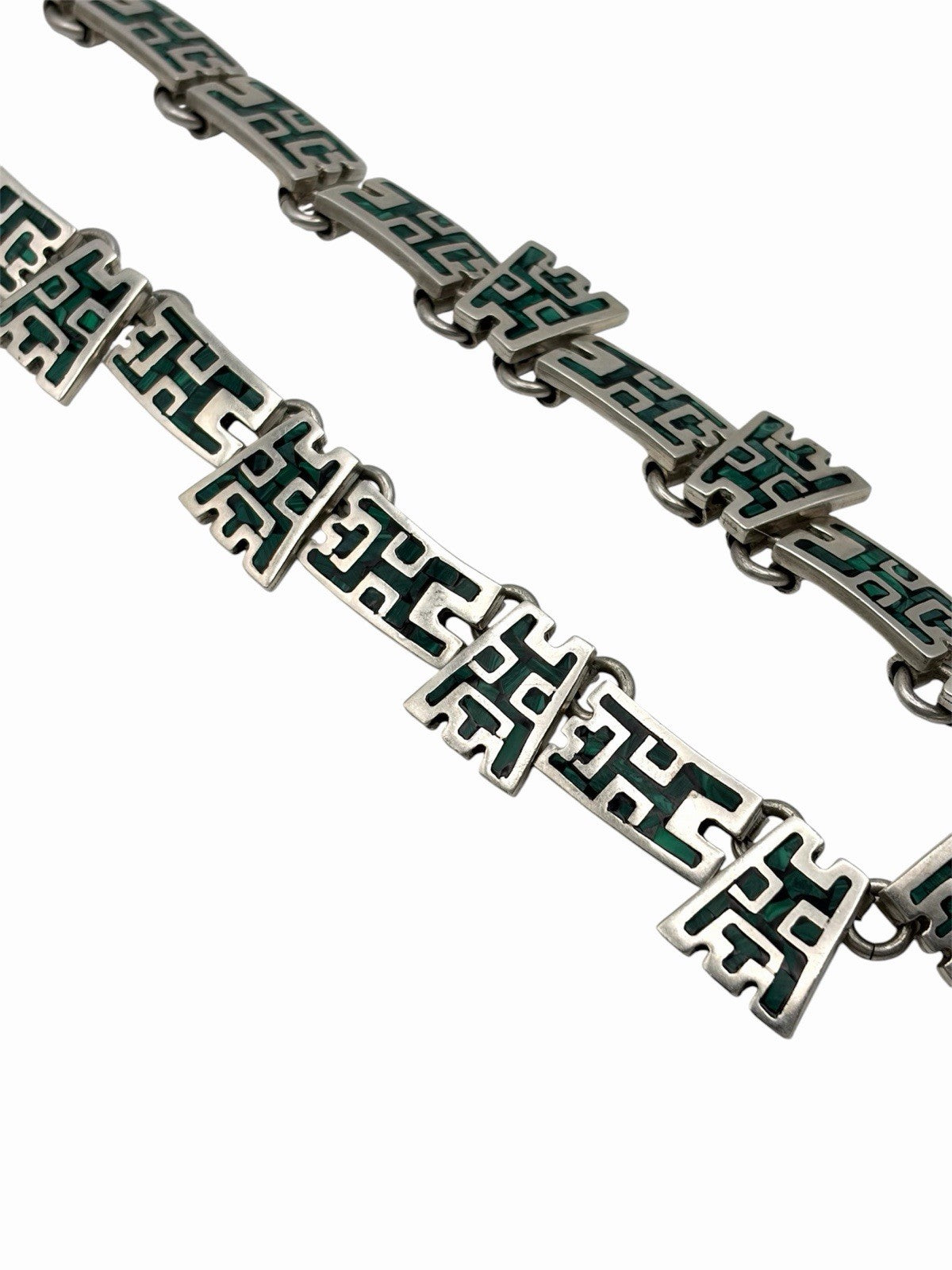 Taxco Mexico 925 Sterling Silver Malachite Inlay Geometric Necklace 17.5in