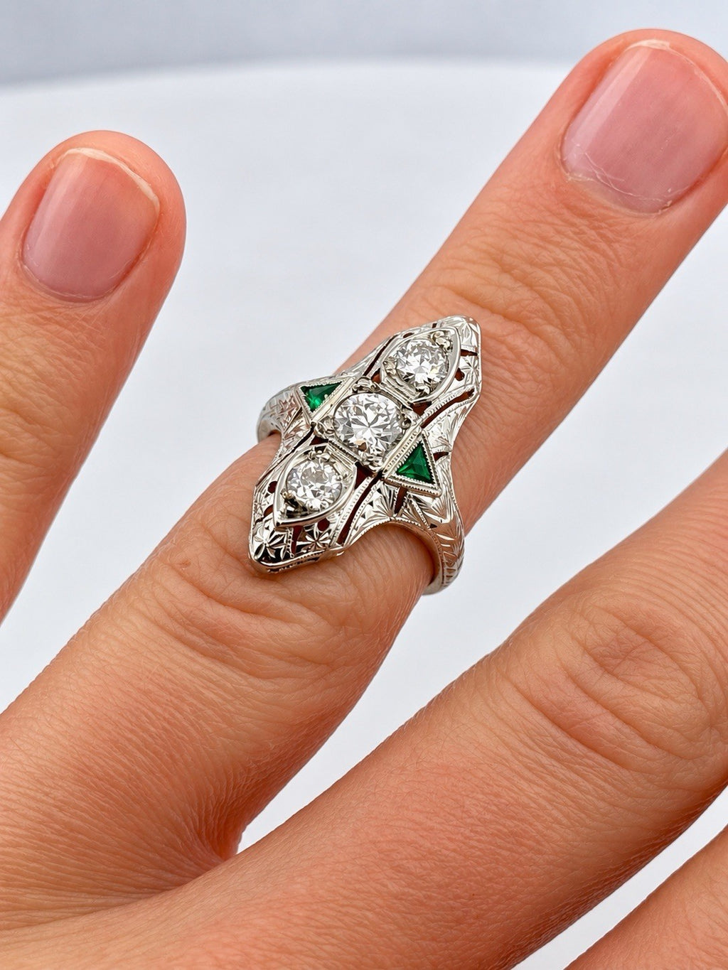 Antique Art Deco 20K White Gold Euro-Cut Diamond & Emerald Navette Ring Size 5.5