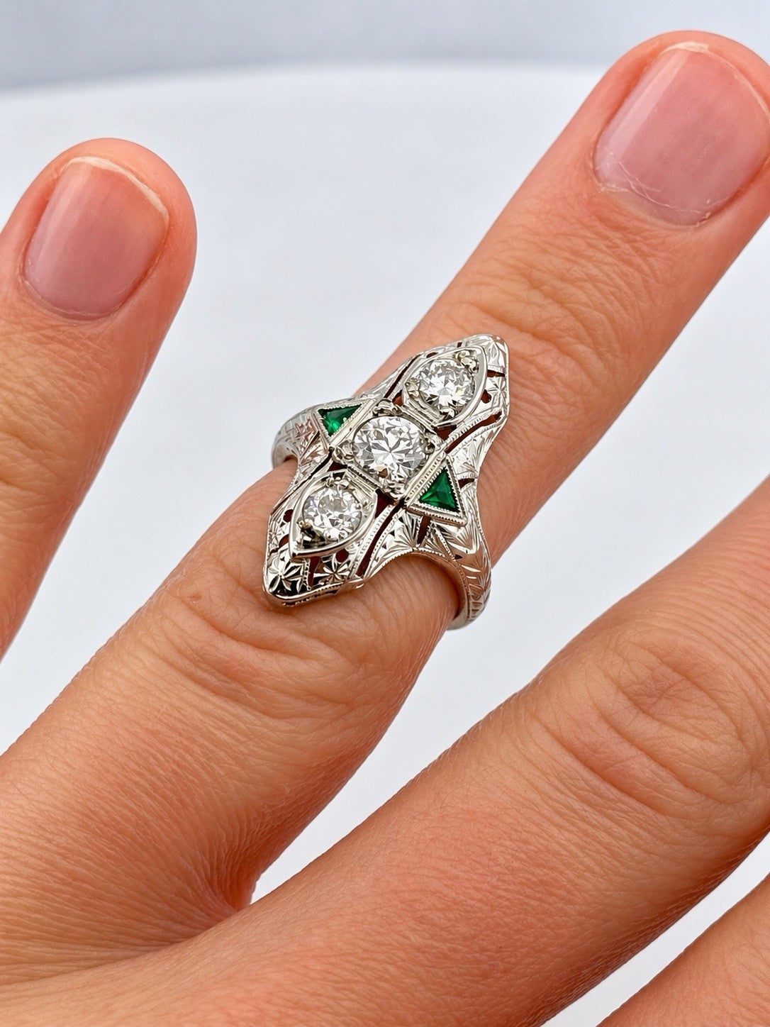 Antique Art Deco 20K White Gold Euro-Cut Diamond & Emerald Navette Ring Size 5.5