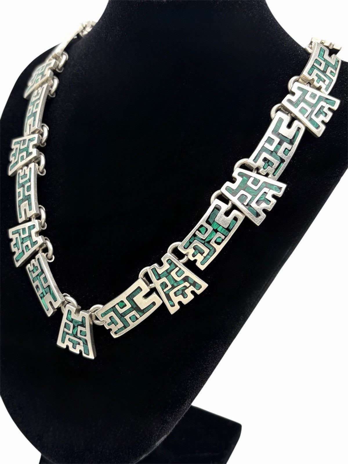 Taxco Mexico 925 Sterling Silver Malachite Inlay Geometric Necklace 17.5in
