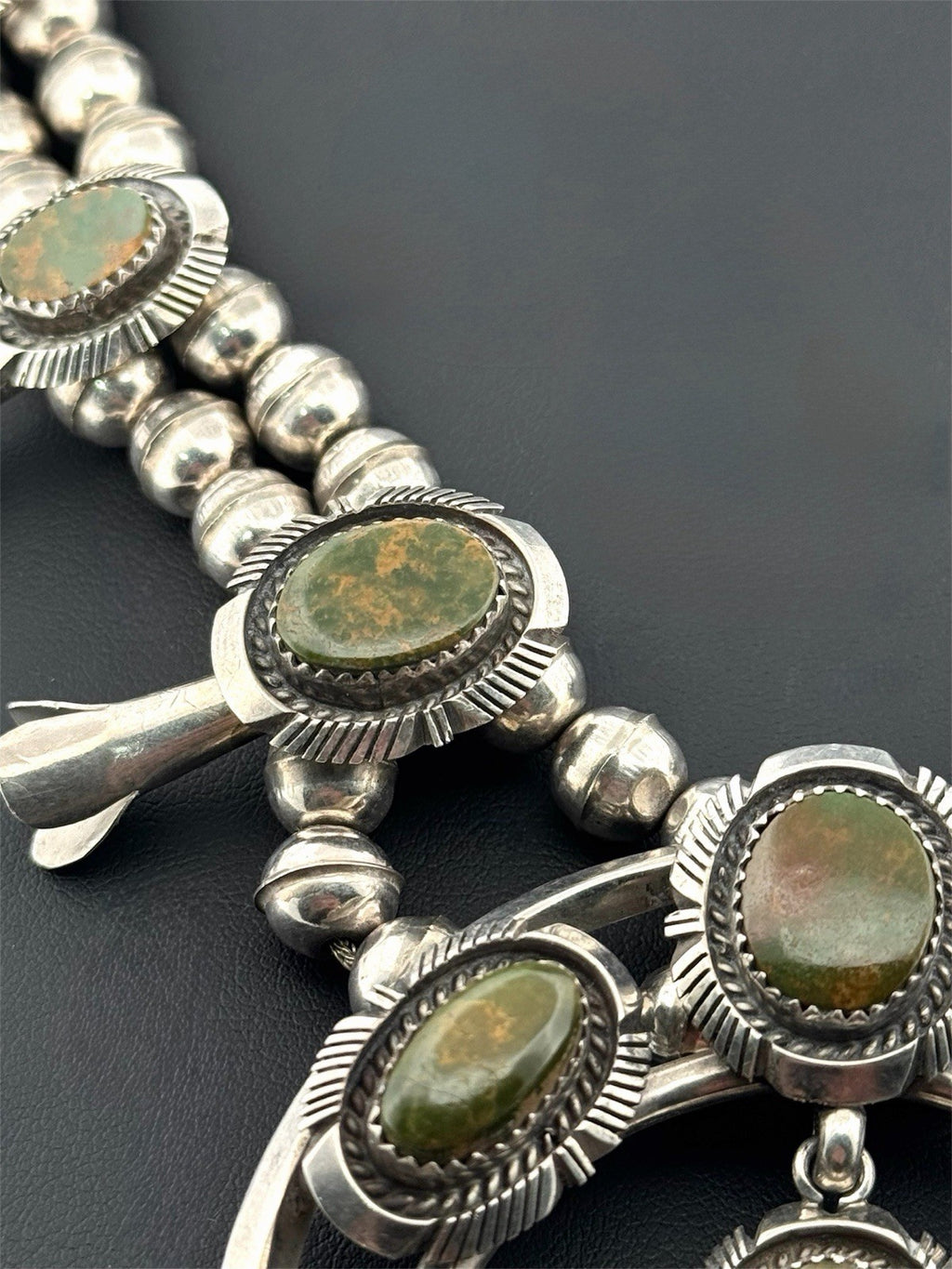 Vintage Navajo Sterling Silver Green Turquoise Squash Blossom Necklace 28”