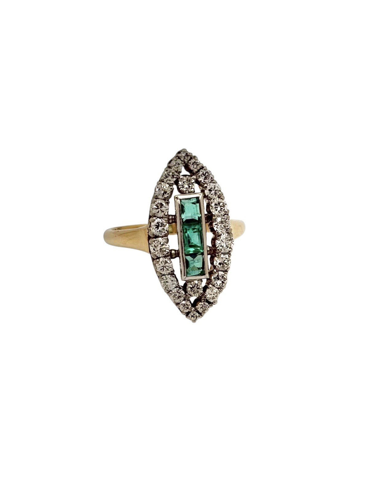 Vintage 14K Gold Platinum Natural Diamond & Emerald Art Deco Navette Ring Sz 6.5