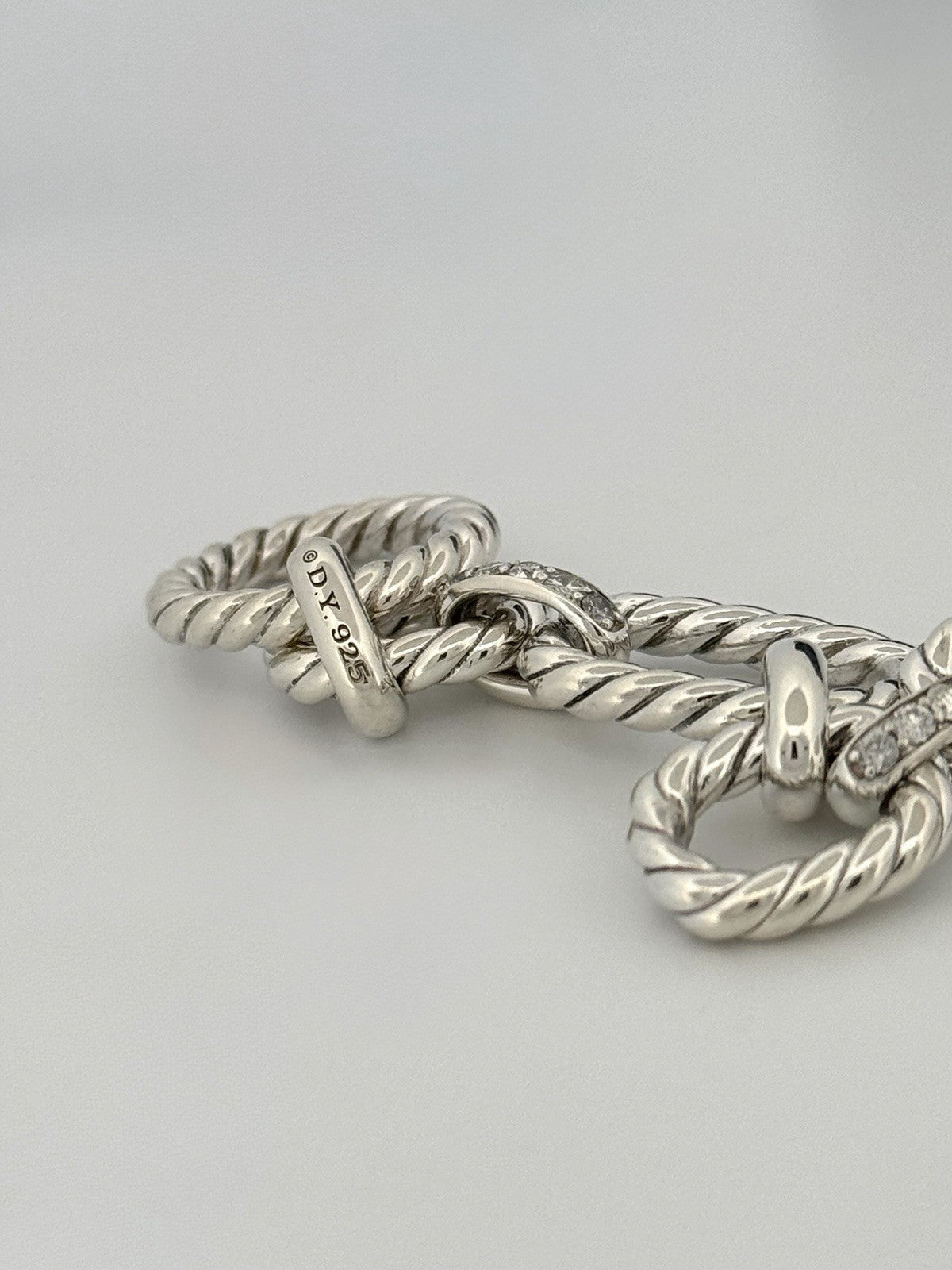 David Yurman Diamond Cushion Link Bracelet 925 Sterling Silver 8in w/ Pouch