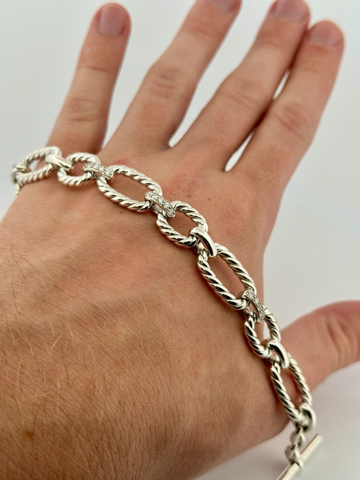 David Yurman Diamond Cushion Link Bracelet 925 Sterling Silver 8in w/ Pouch