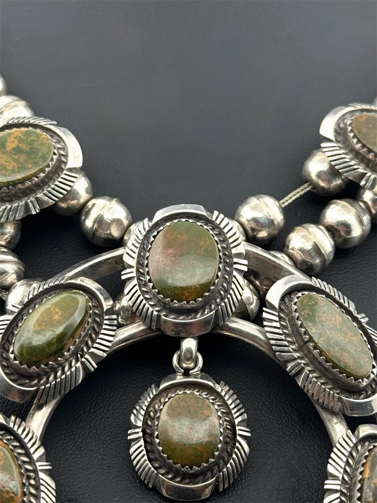 Vintage Navajo Sterling Silver Green Turquoise Squash Blossom Necklace 28”