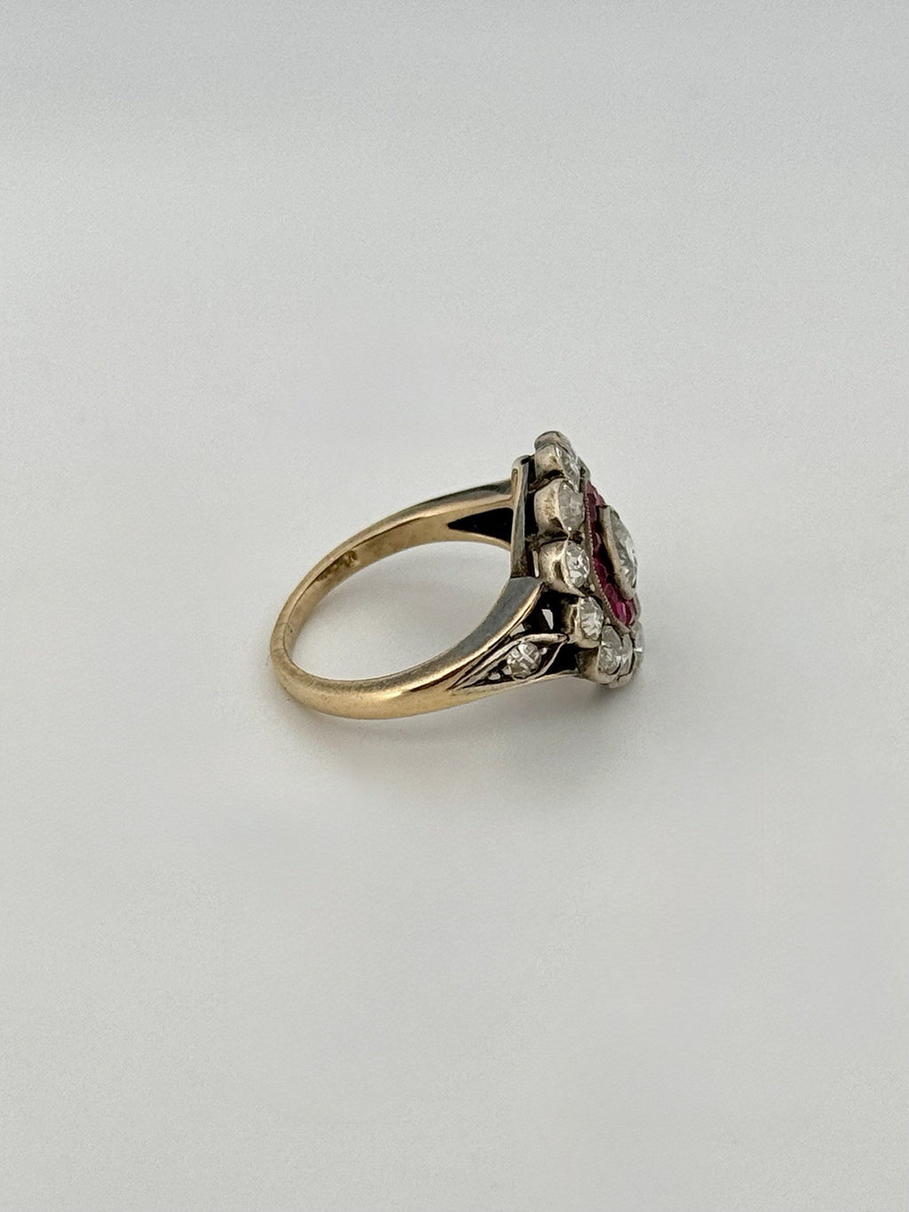 Antique Edwardian 14K Gold Silver Topped Natural Ruby & Diamond Halo Ring Size 3