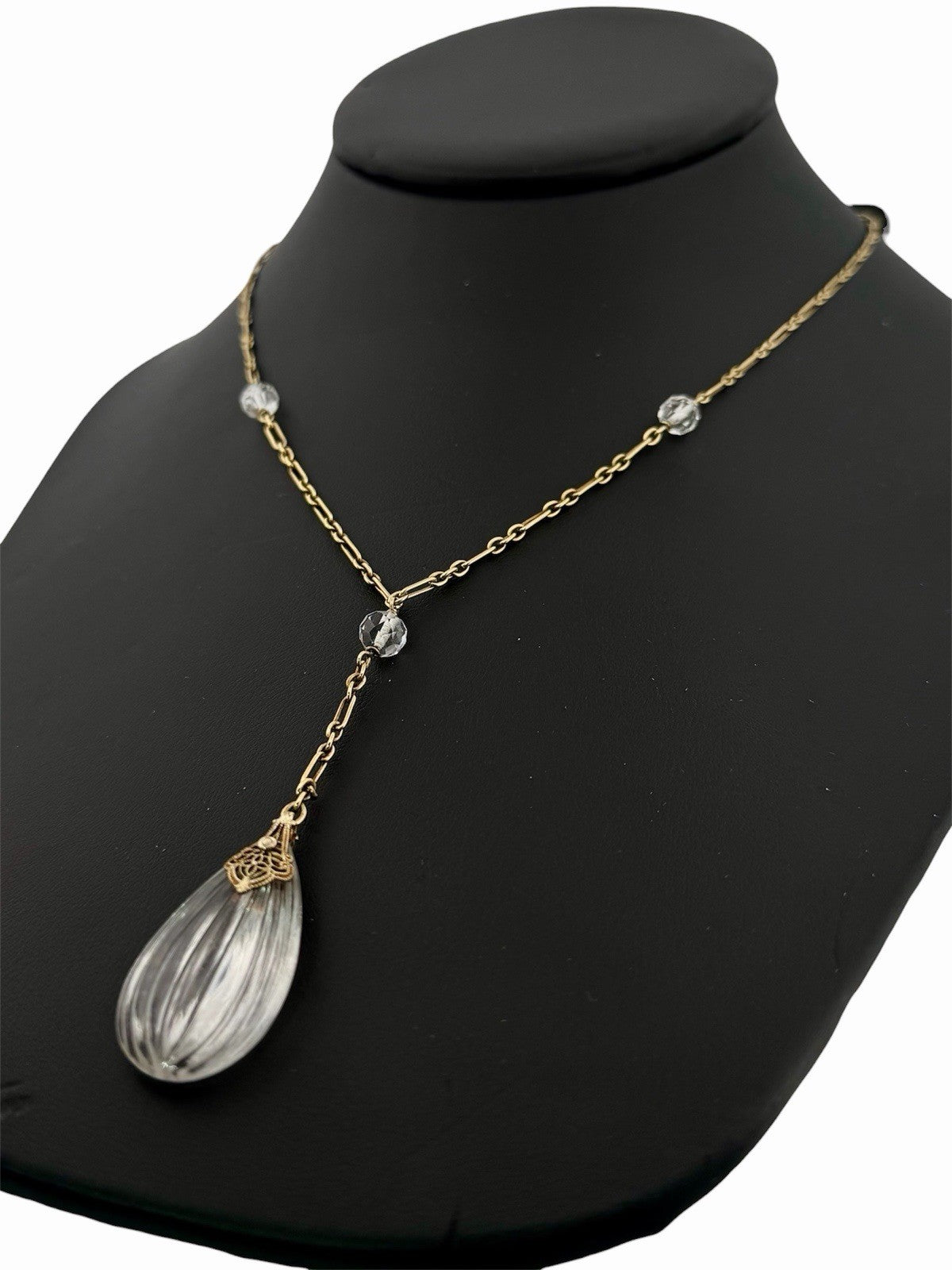 Antique Art Deco 14K Gold Rock Crystal Y Drop Lariat Necklace 18.5” c.1930