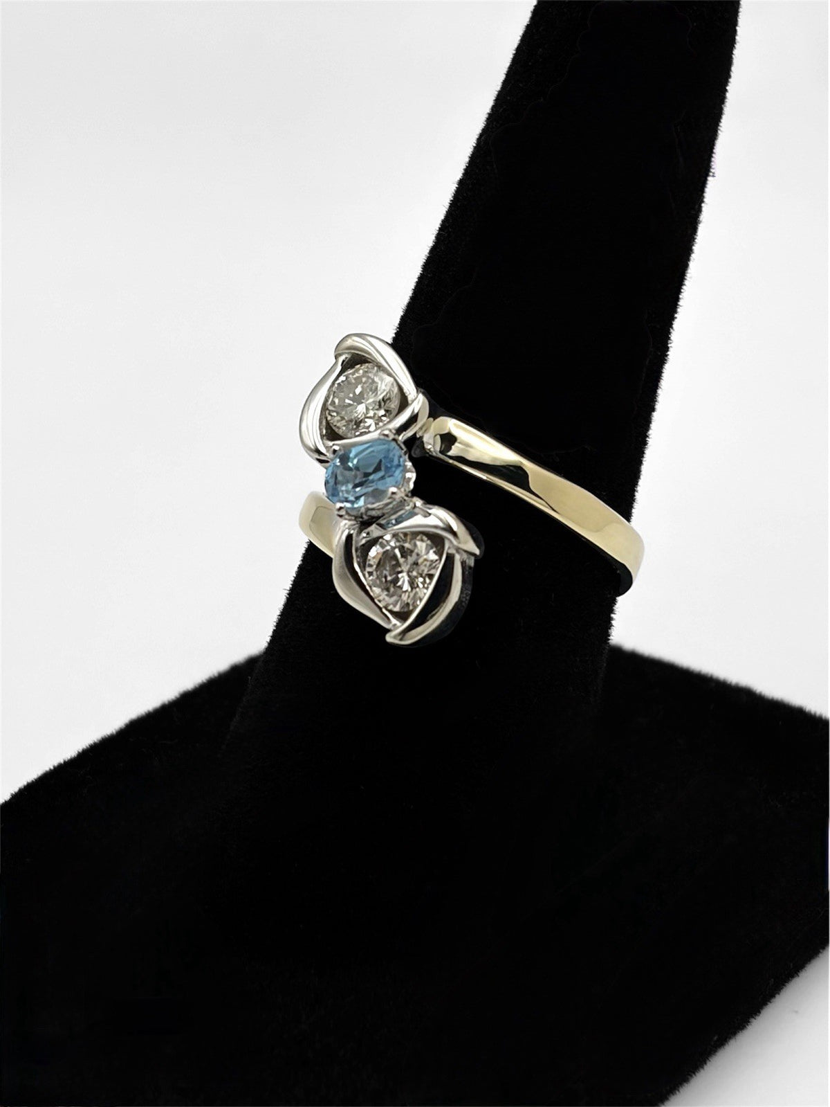 14K Gold Natural Diamond & Blue Topaz Bypass Three Stone Ring 0.75 CTW - Size 6