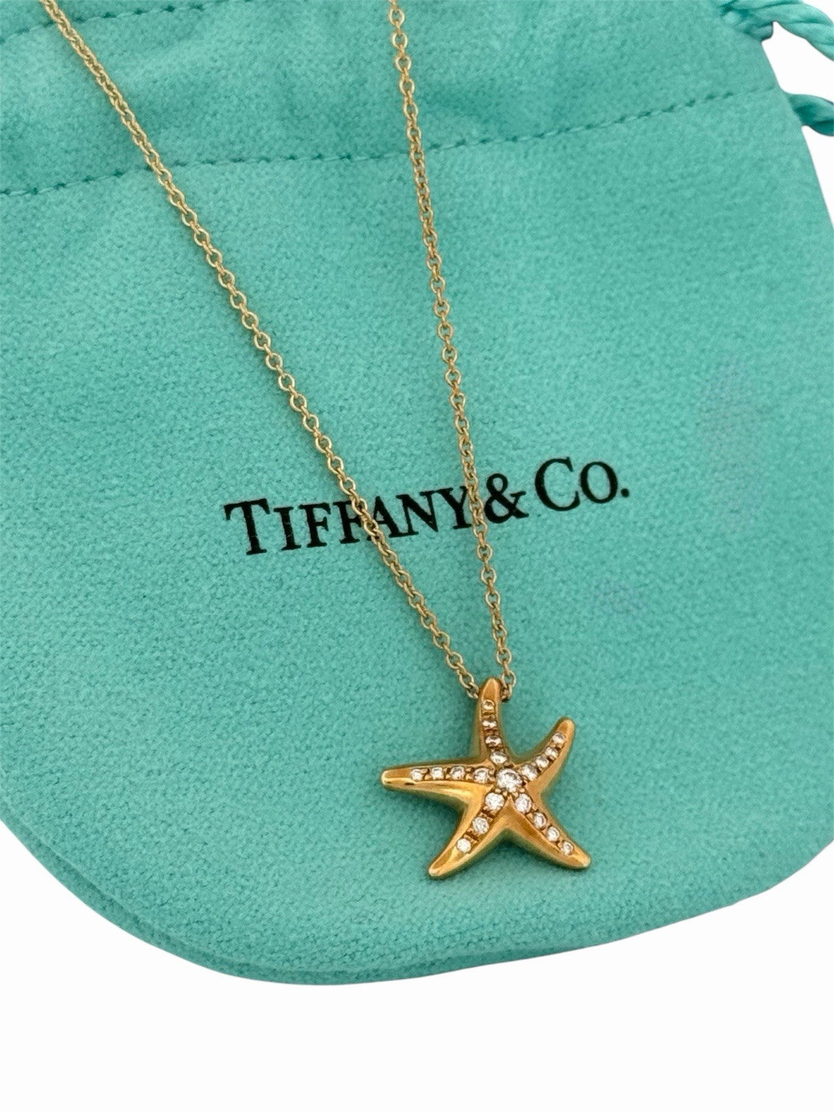 Tiffany & Co. Elsa Peretti 18K Gold Diamond Starfish Pendant Necklace 16”+ Pouch