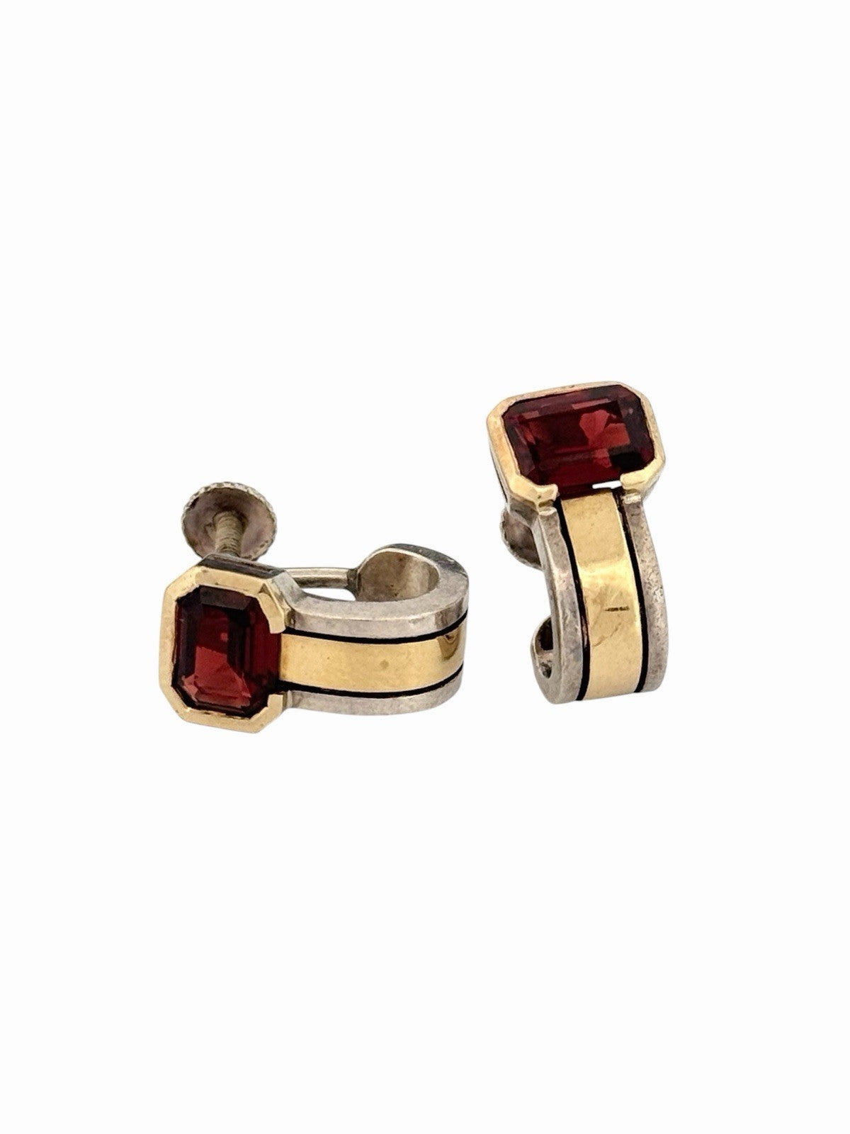 Vintage Cartier 18K Gold & 925 Sterling Silver Garnet Screw Back Earrings