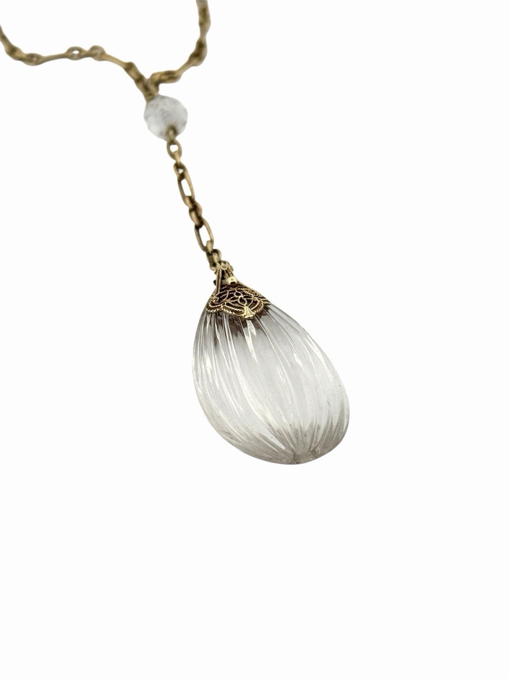 Antique Art Deco 14K Gold Rock Crystal Y Drop Lariat Necklace 18.5” c.1930