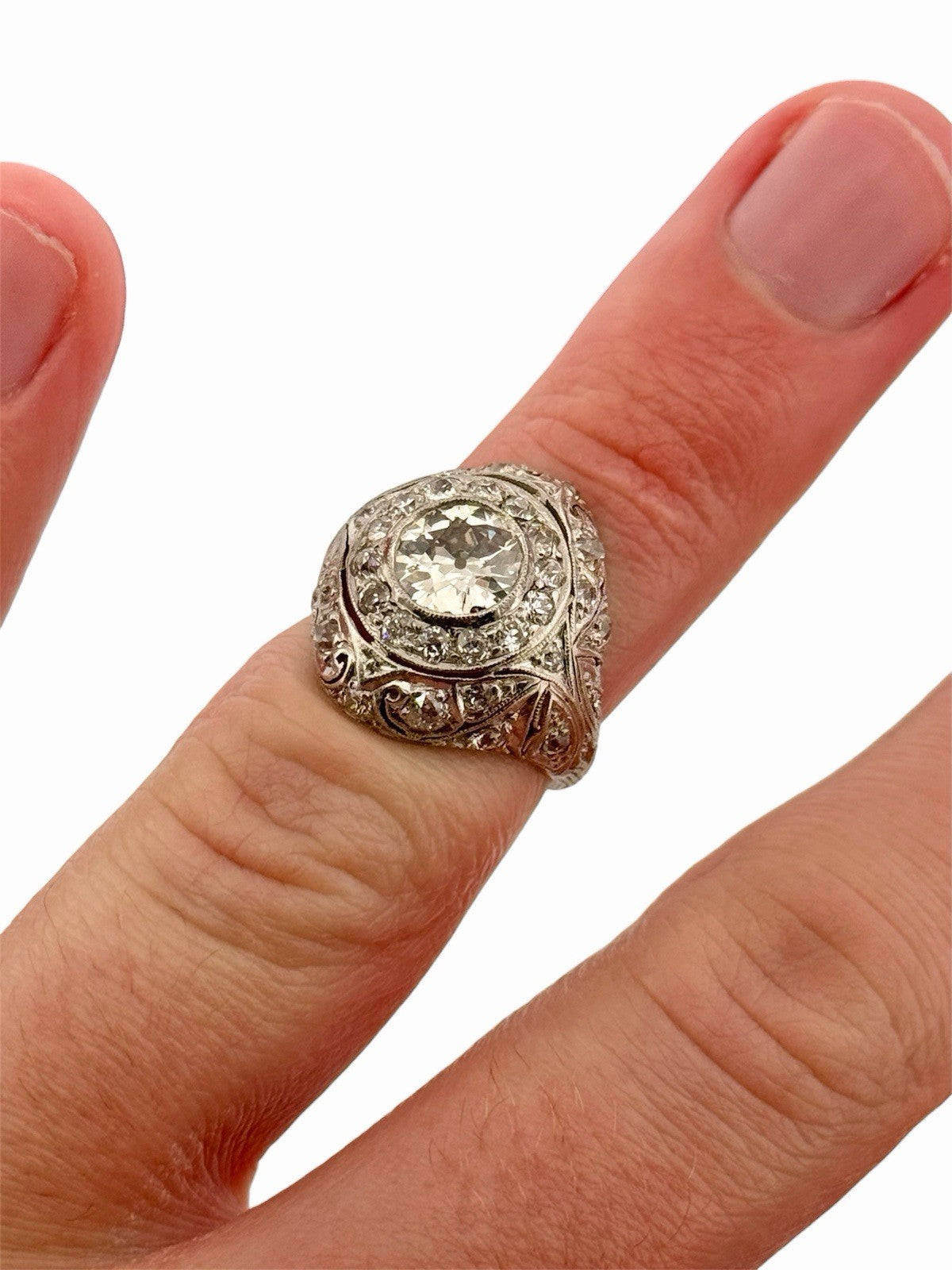 Antique Art Deco Platinum & Natural Old European Cut Diamond Dome Ring Size 4.5