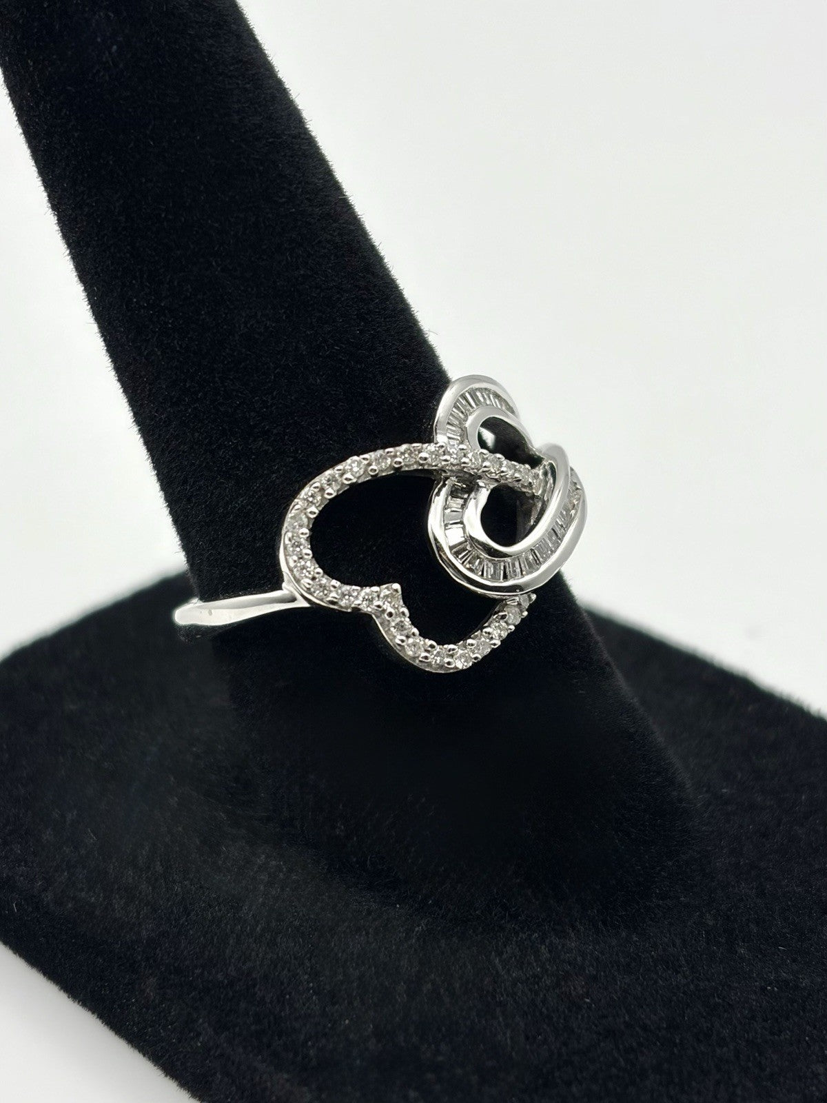 10K White Gold Natural Baguette & Round Diamond Double Open Heart Ring Size 7