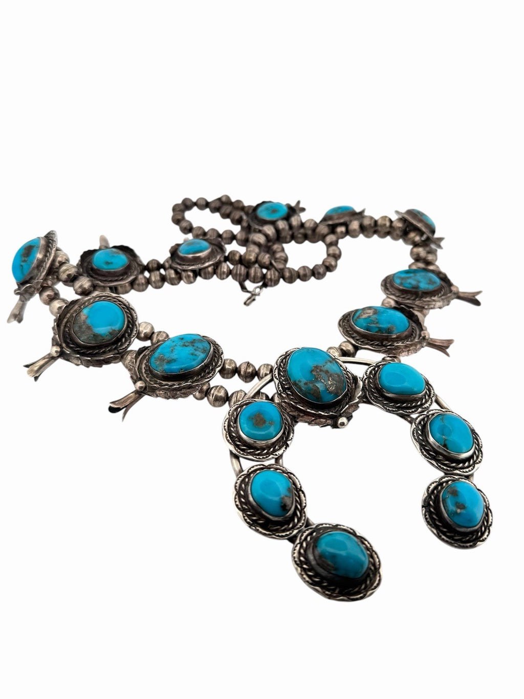 Vintage Navajo Sterling Silver 925 Natural Turquoise Squash Blossom Necklace 28”