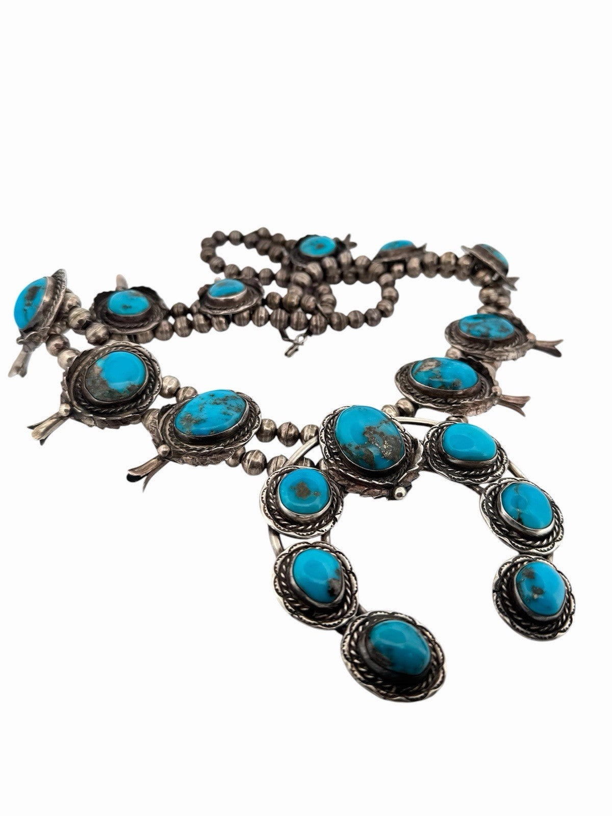 Vintage Navajo Sterling Silver 925 Natural Turquoise Squash Blossom Necklace 28”
