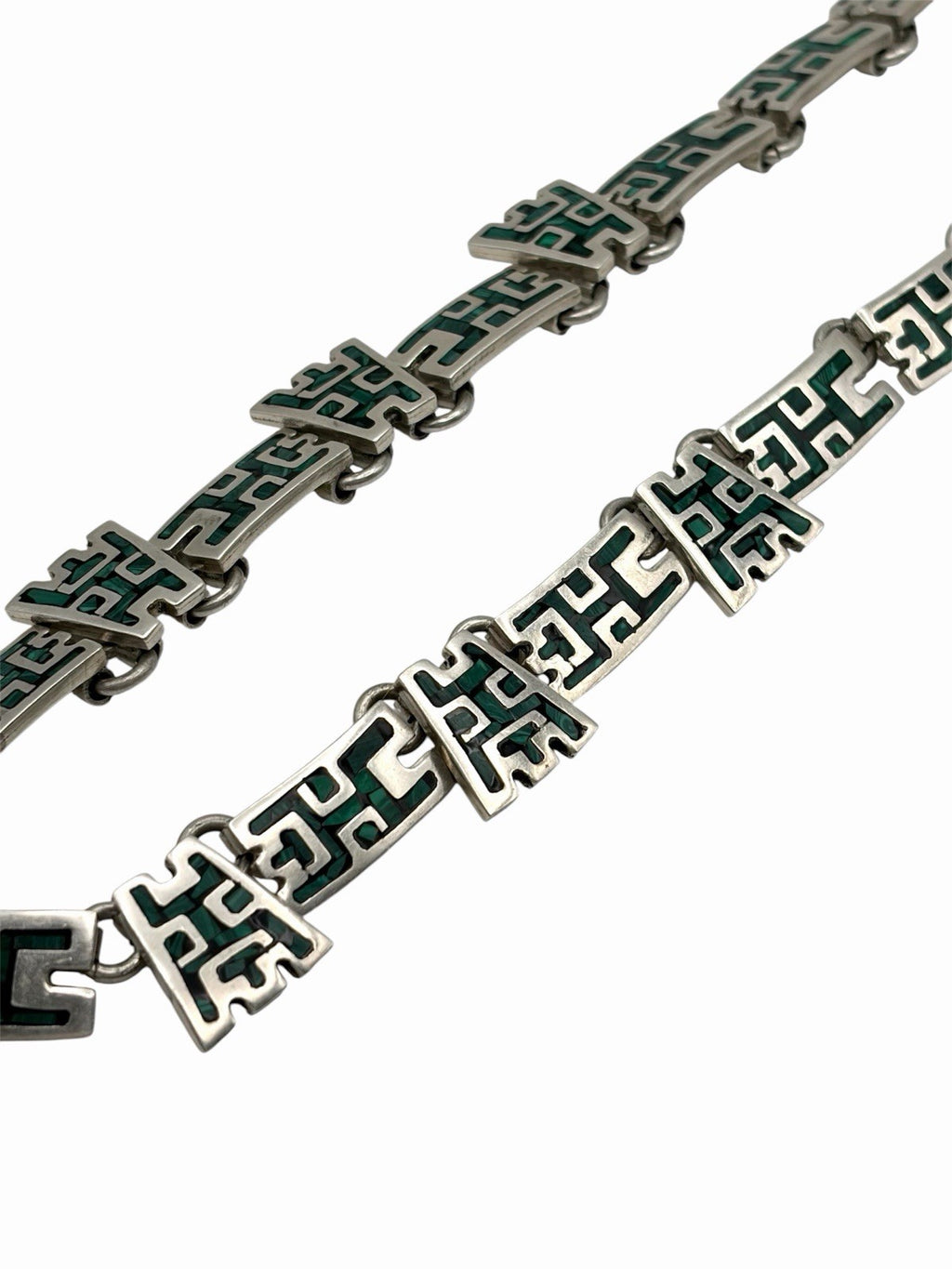 Taxco Mexico 925 Sterling Silver Malachite Inlay Geometric Necklace 17.5in