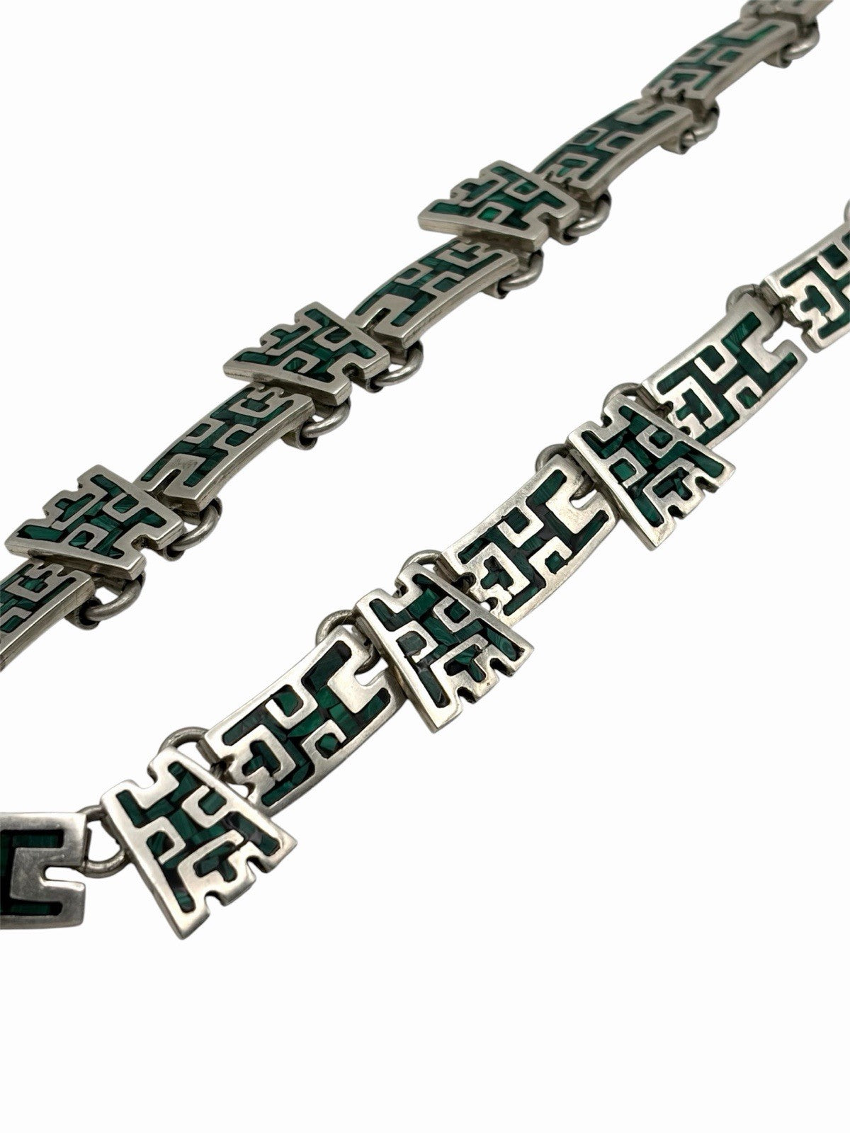 Taxco Mexico 925 Sterling Silver Malachite Inlay Geometric Necklace 17.5in