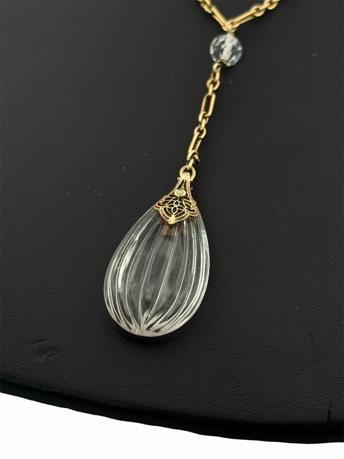Antique Art Deco 14K Gold Rock Crystal Y Drop Lariat Necklace 18.5” c.1930