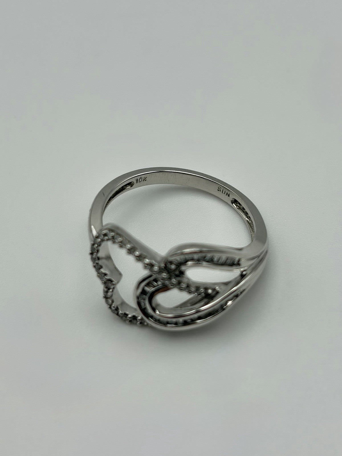 10K White Gold Natural Baguette & Round Diamond Double Open Heart Ring Size 7