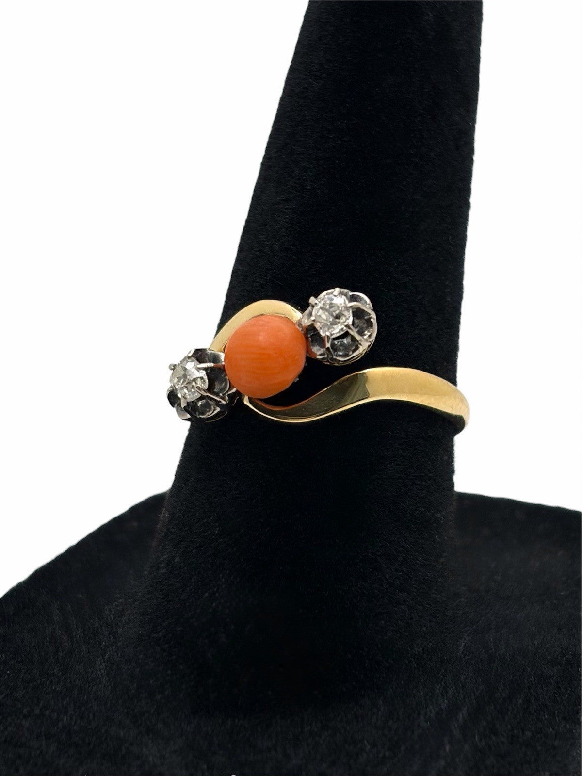 Antique Edwardian 18K Gold Natural Coral & Old Mine Cut Diamond Bypass Ring 6.75