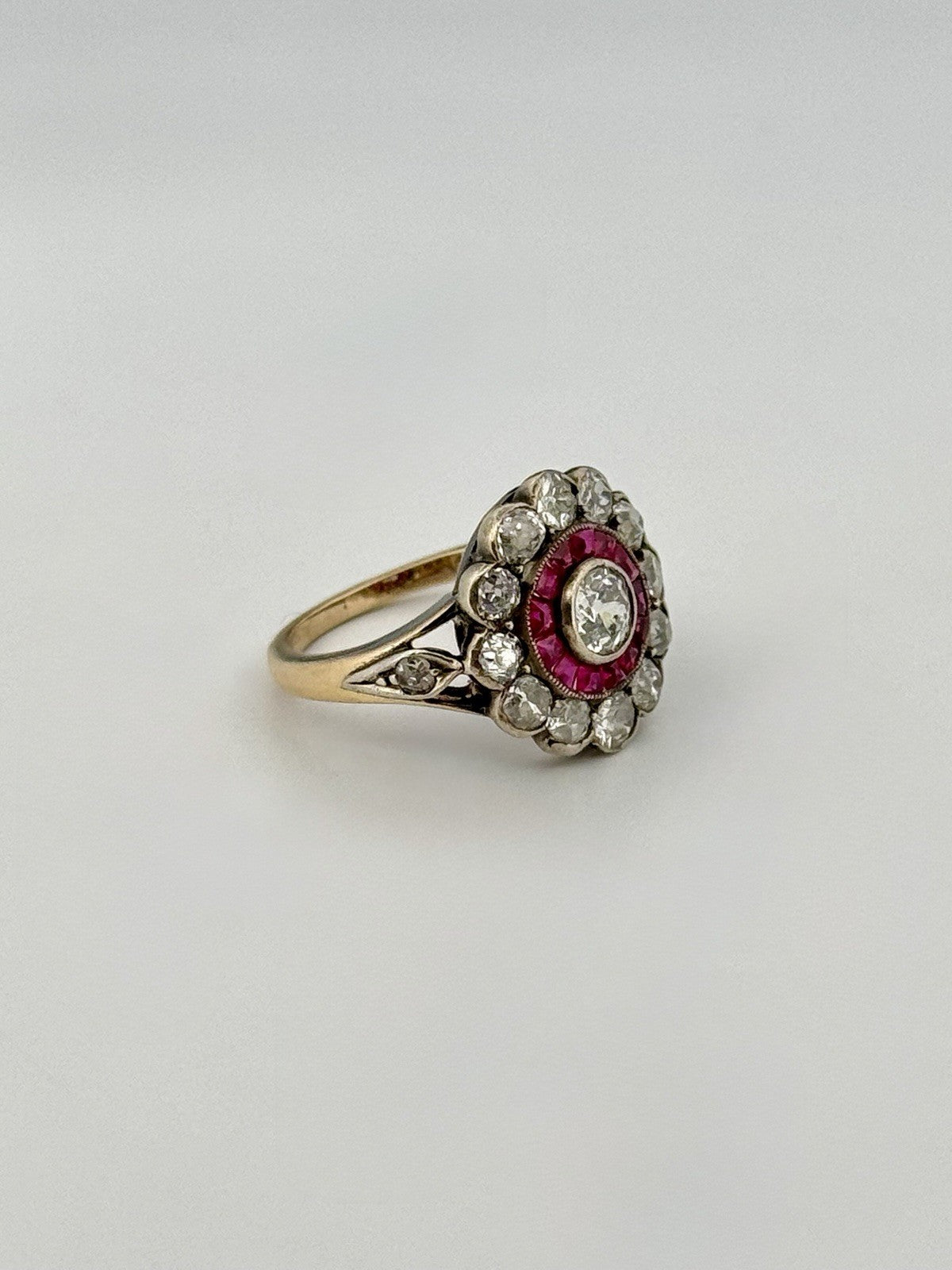 Antique Edwardian 14K Gold Silver Topped Natural Ruby & Diamond Halo Ring Size 3