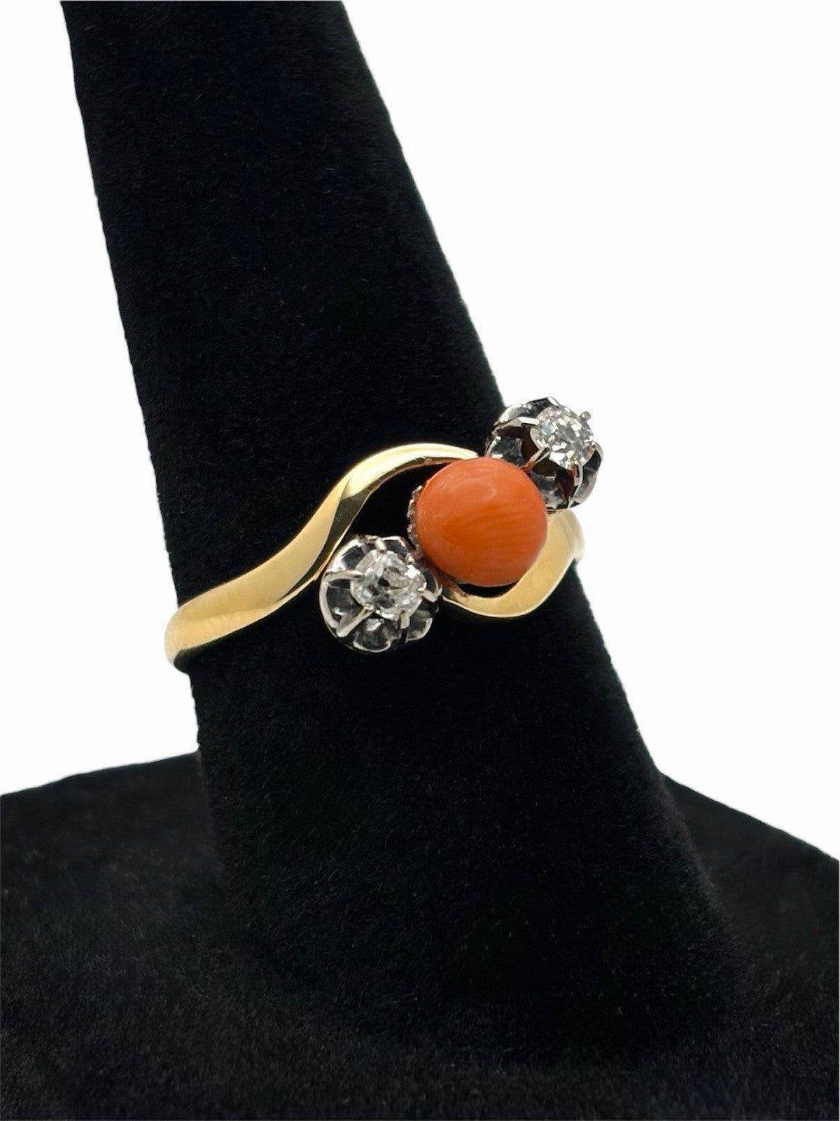 Antique Edwardian 18K Gold Natural Coral & Old Mine Cut Diamond Bypass Ring 6.75