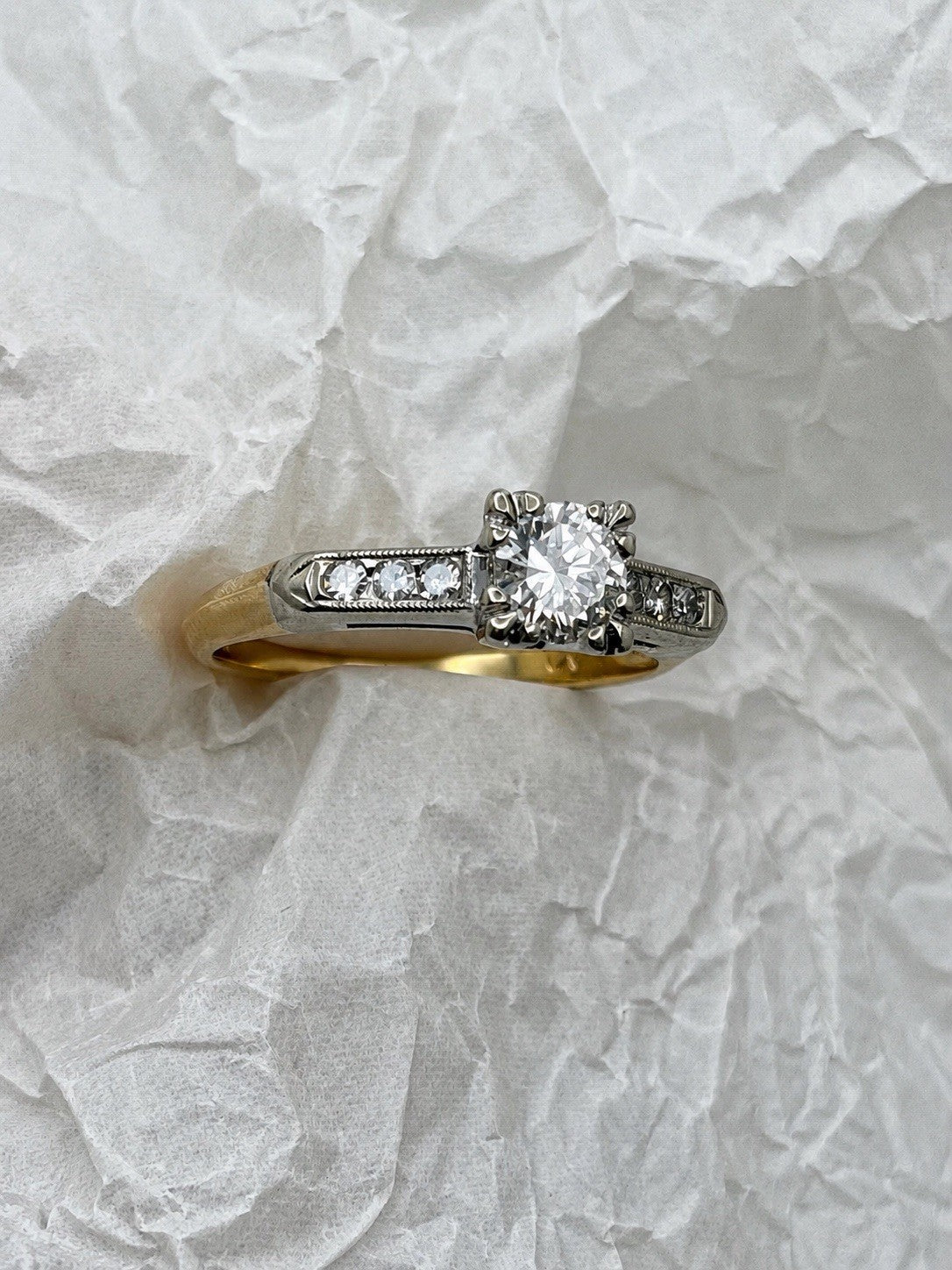 Antique Edwardian 14K Gold & 900 Platinum Natural Diamond Engagement Ring Size 6